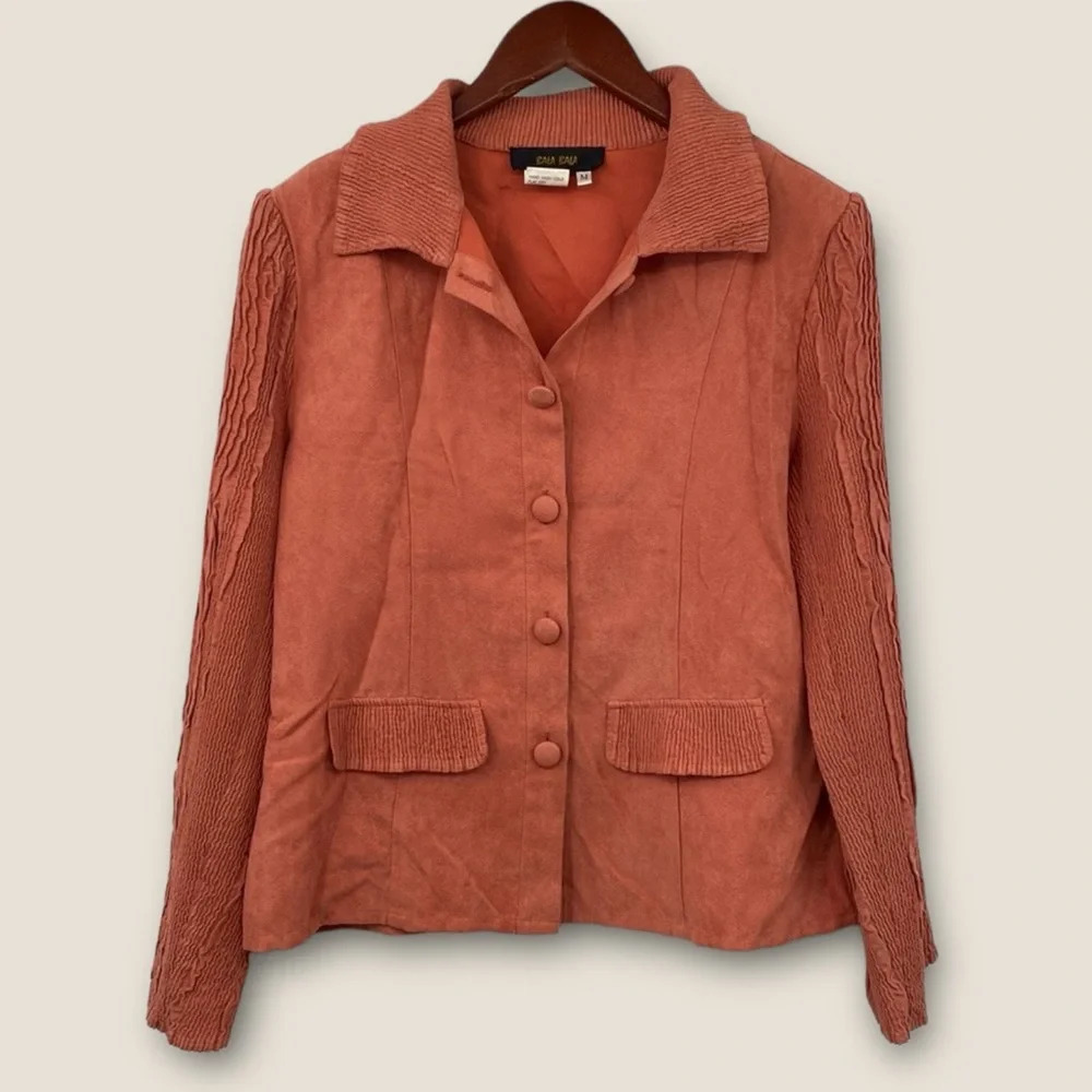 Bala Bala Blazer‎ Jacket Women Sz Medium Coral Orange Ribbed Textured Microsuede